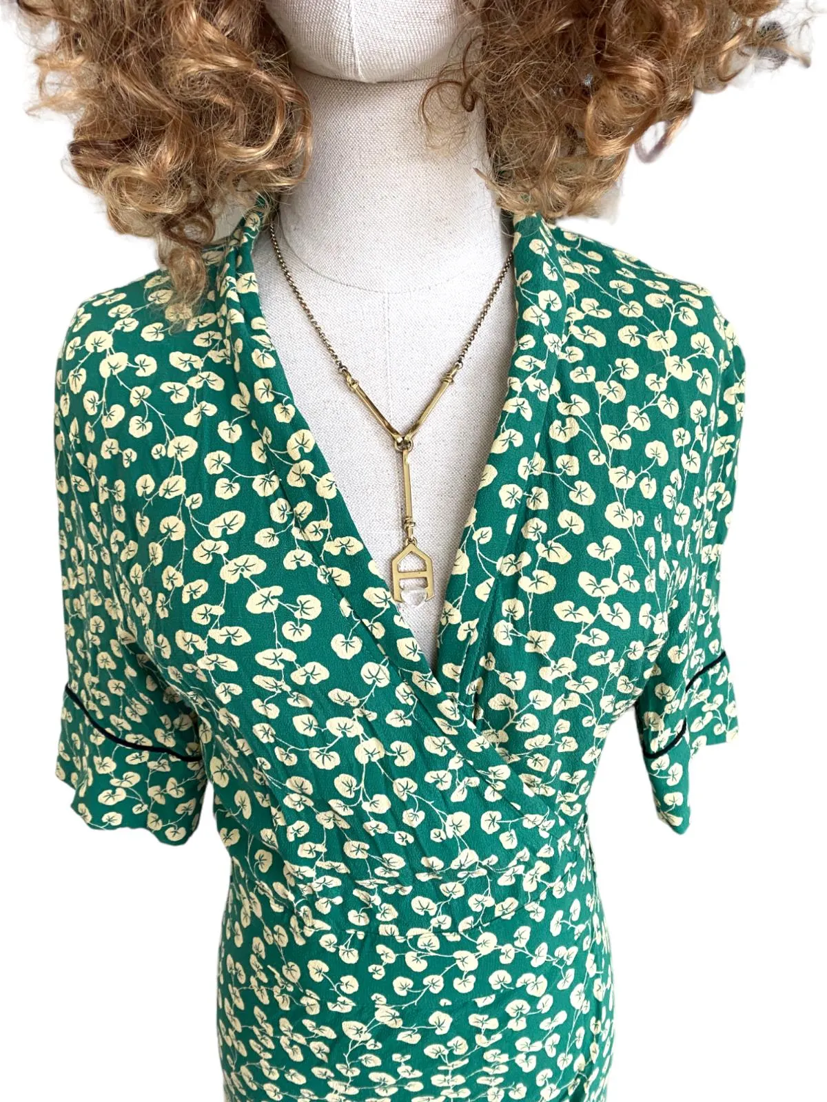GANNI Dalton Crepe Wrap Midi Dress | Green Floral, Sz 36/Small, Viscose, V Neck