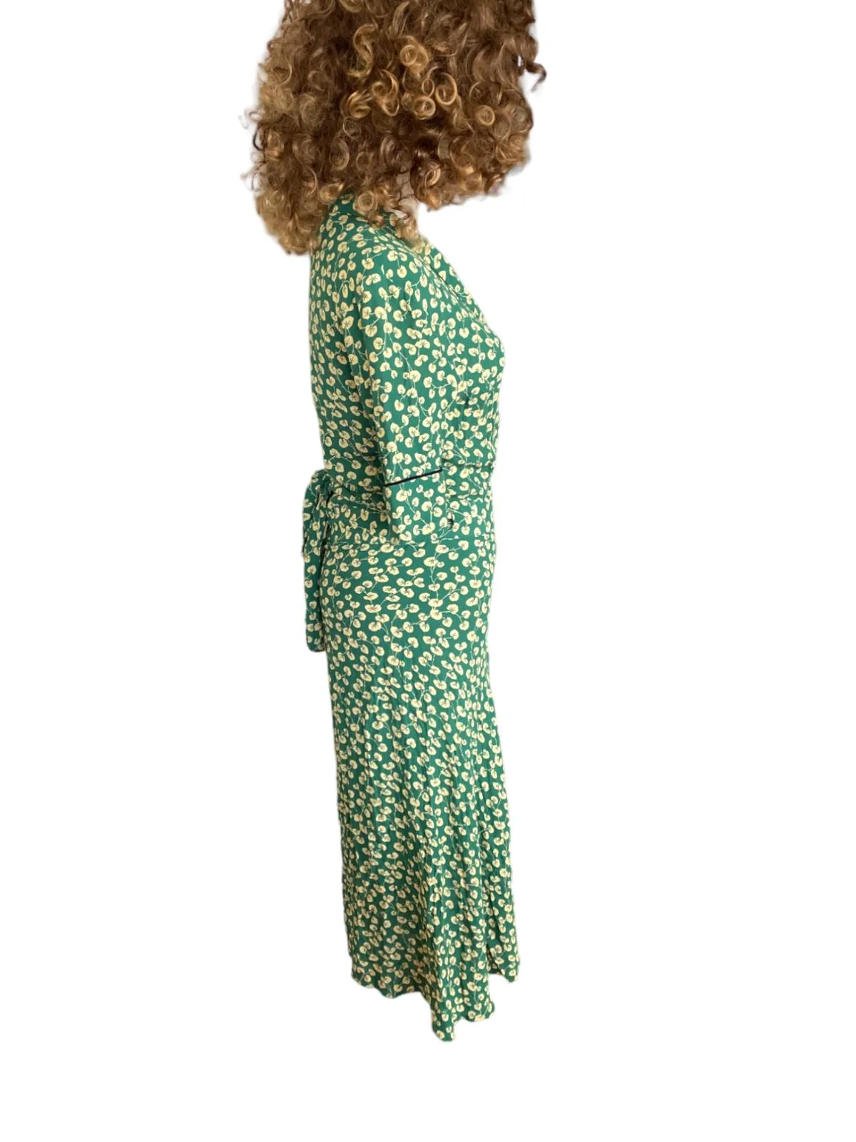 GANNI Dalton Crepe Wrap Midi Dress | Green Floral, Sz 36/Small, Viscose, V Neck