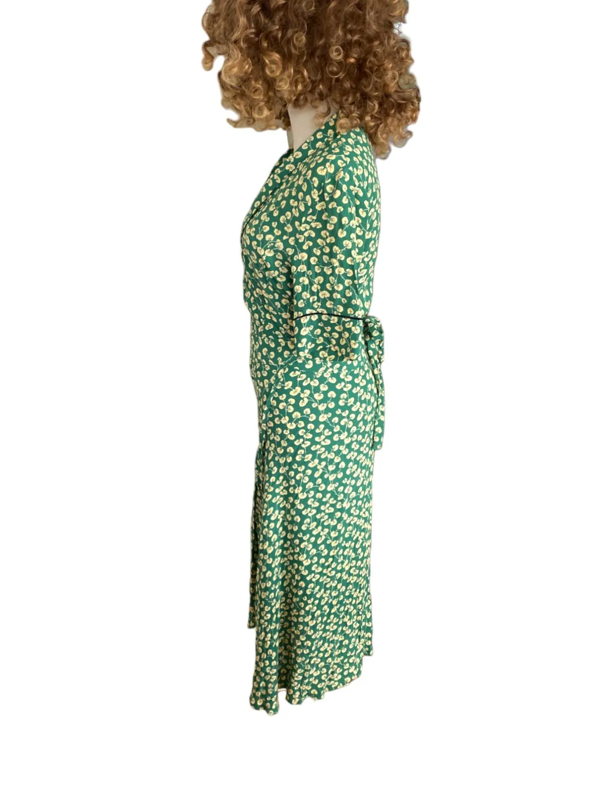 GANNI Dalton Crepe Wrap Midi Dress | Green Floral, Sz 36/Small, Viscose, V Neck