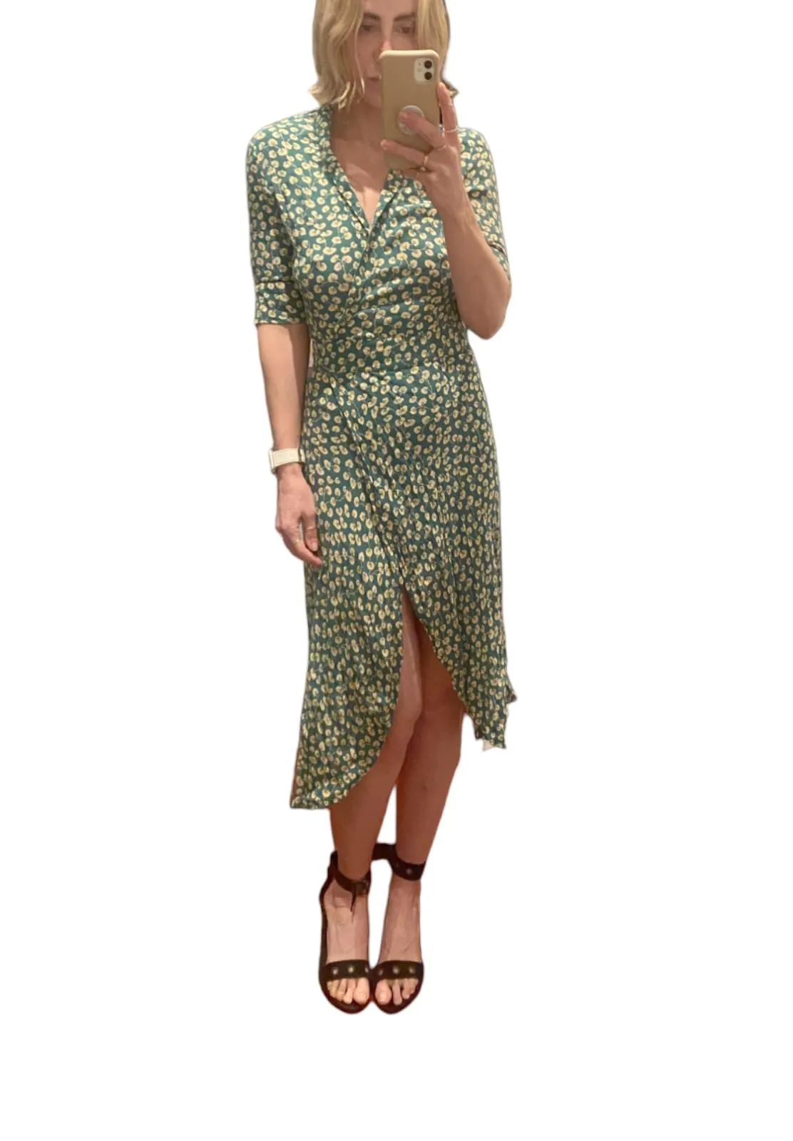 GANNI Dalton Crepe Wrap Midi Dress | Green Floral, Sz 36/Small, Viscose, V Neck