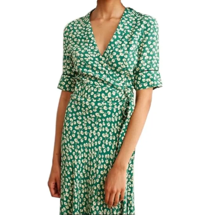 GANNI Dalton Crepe Wrap Midi Dress | Green Floral, Sz 36/Small, Viscose, V Neck