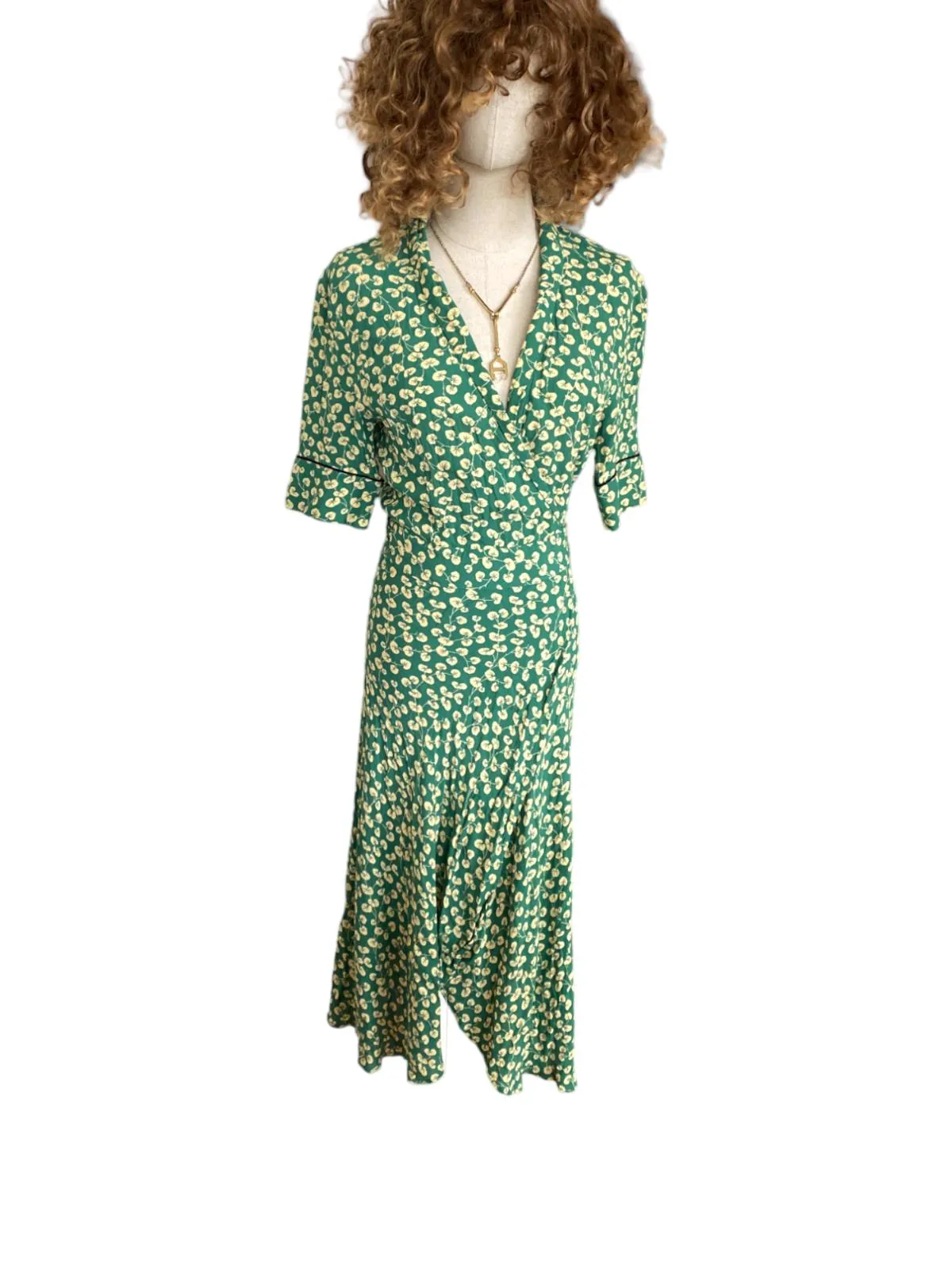 GANNI Dalton Crepe Wrap Midi Dress | Green Floral, Sz 36/Small, Viscose, V Neck