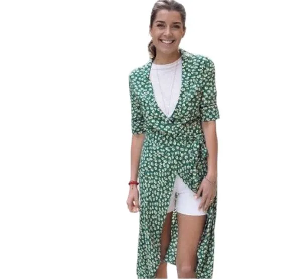 GANNI Dalton Crepe Wrap Midi Dress | Green Floral, Sz 36/Small, Viscose, V Neck