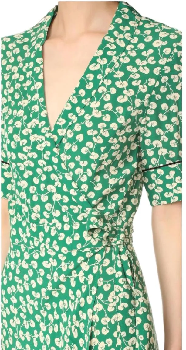 GANNI Dalton Crepe Wrap Midi Dress | Green Floral, Sz 36/Small, Viscose, V Neck
