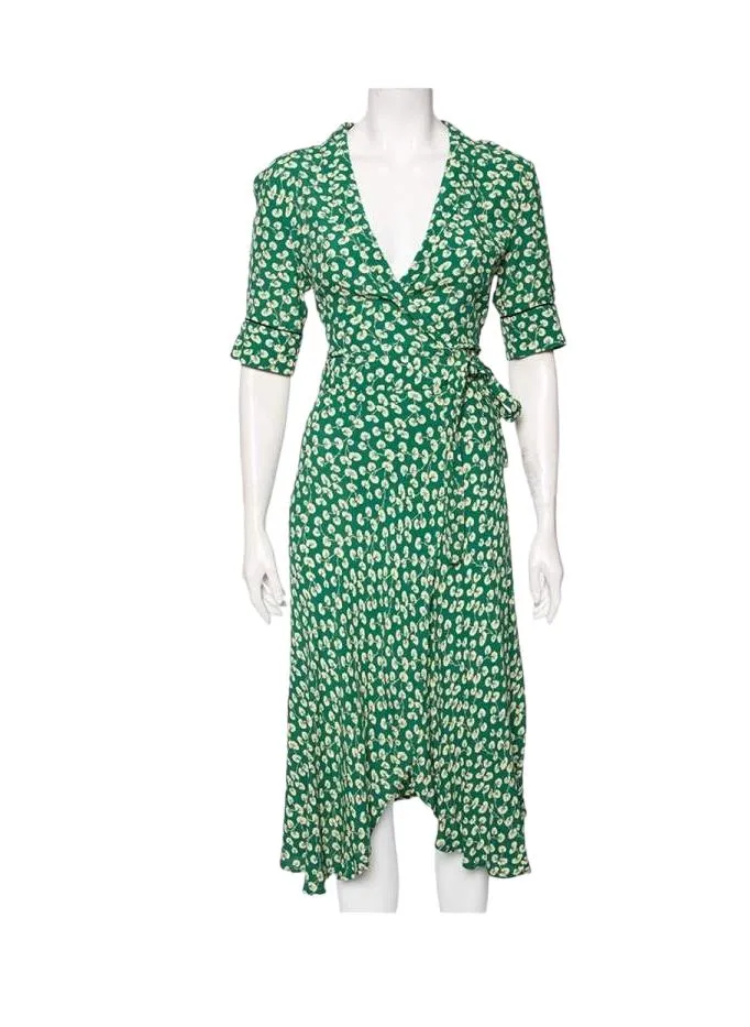 GANNI Dalton Crepe Wrap Midi Dress | Green Floral, Sz 36/Small, Viscose, V Neck