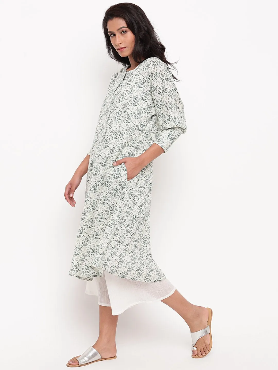 Gauze Green Floral Cuff Kurta