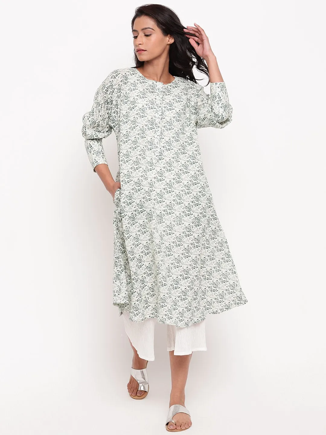Gauze Green Floral Cuff Kurta