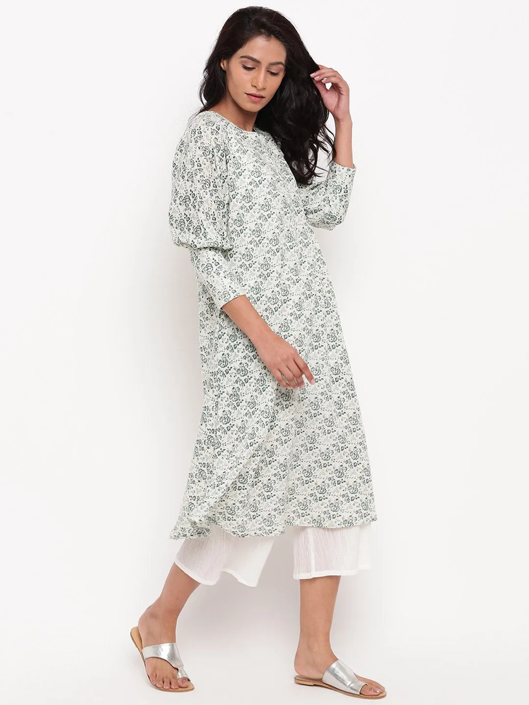 Gauze Green Floral Cuff Kurta