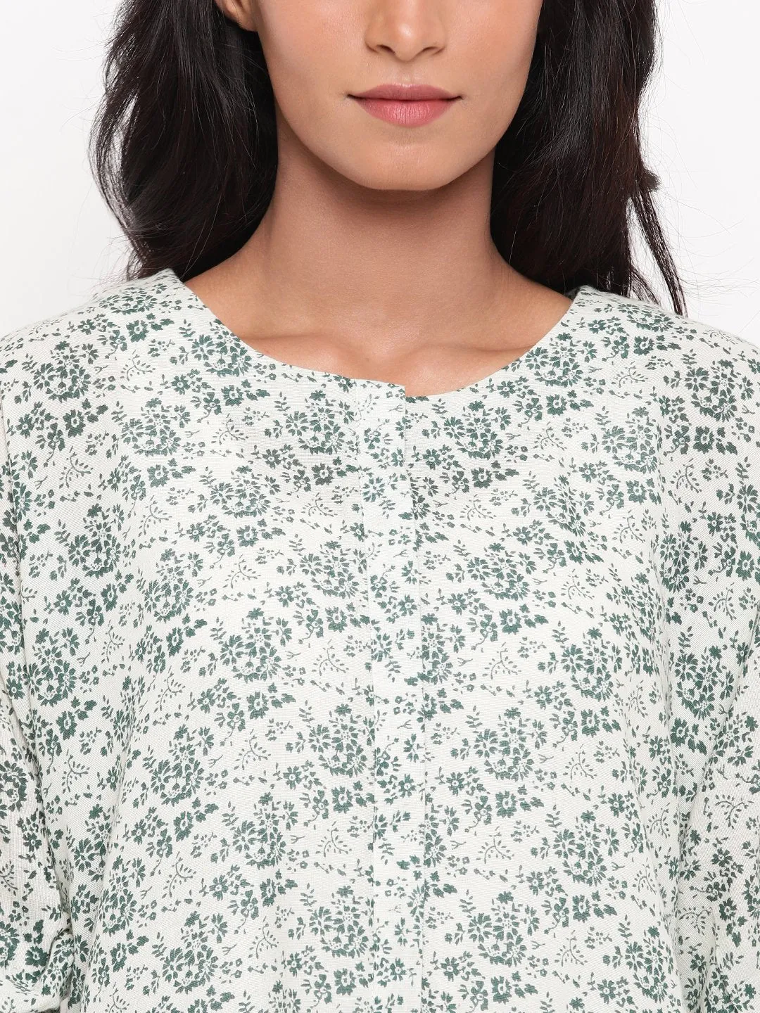 Gauze Green Floral Cuff Kurta