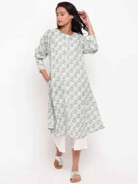 Gauze Green Floral Cuff Kurta