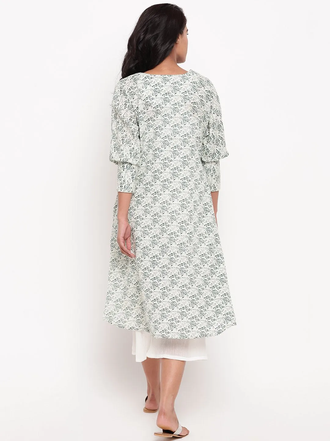 Gauze Green Floral Cuff Kurta