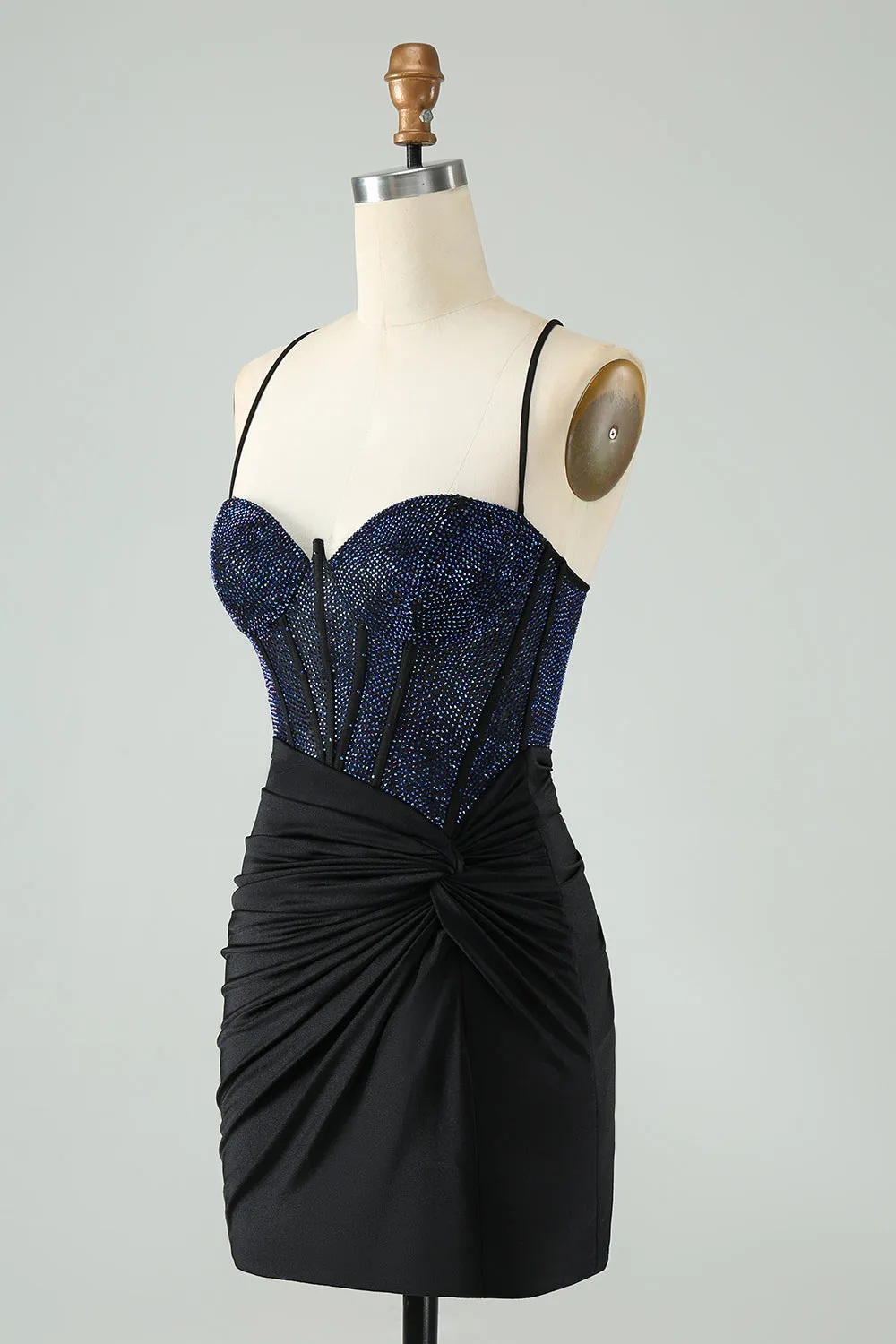 Glitter Black Spaghetti Straps Ruched Corset Tight Homecoming Dress with Beading