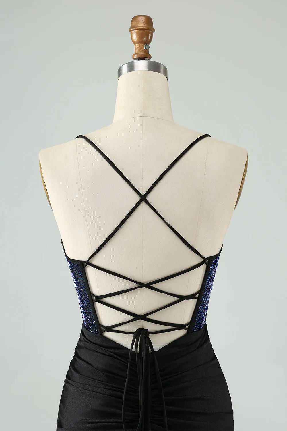 Glitter Black Spaghetti Straps Ruched Corset Tight Homecoming Dress with Beading