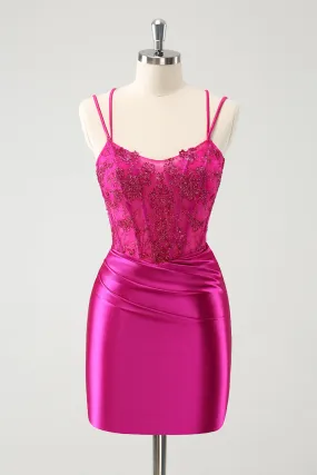 Glitter Fuchsia Rushed Corset Short Tight Homecoming Dresses with Lace Up Back