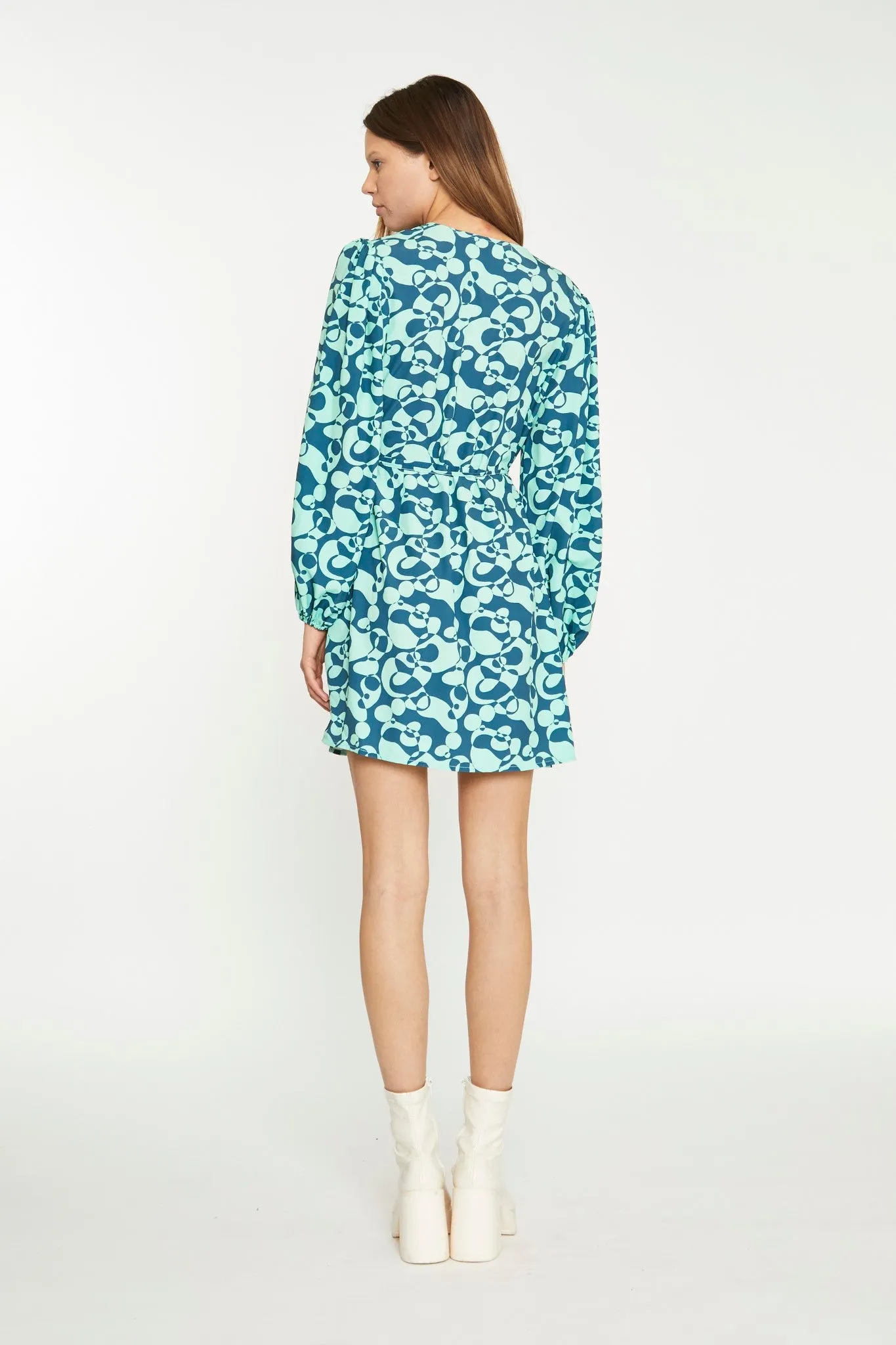 Green Abstract-Bubble V-Neck Wrap Mini Dress