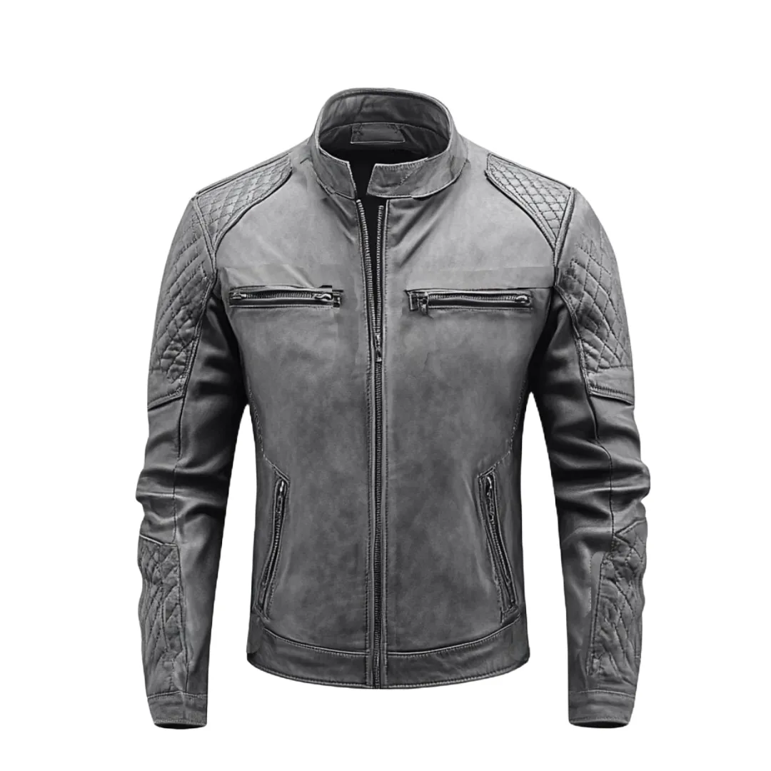 Grey Quilted Biker Jacket - Premium Distressed Leather | El Zoro