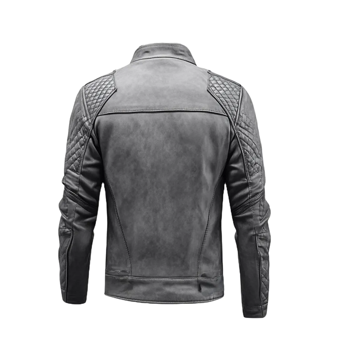 Grey Quilted Biker Jacket - Premium Distressed Leather | El Zoro