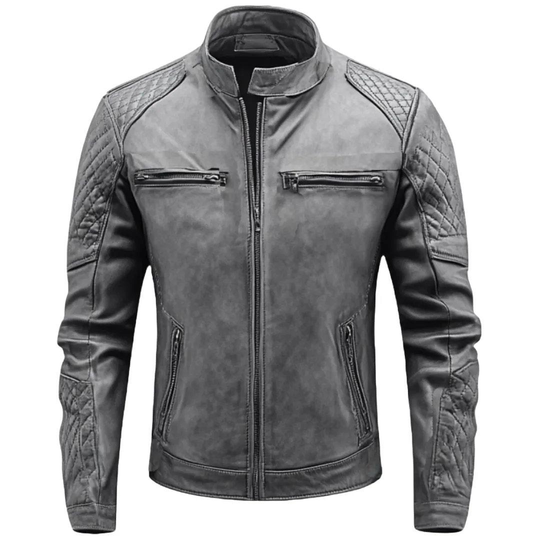 Grey Quilted Biker Jacket - Premium Distressed Leather | El Zoro