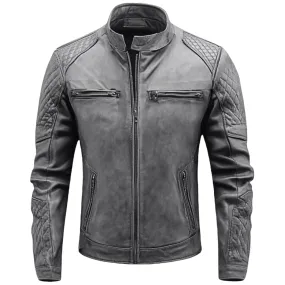 Grey Quilted Biker Jacket - Premium Distressed Leather | El Zoro