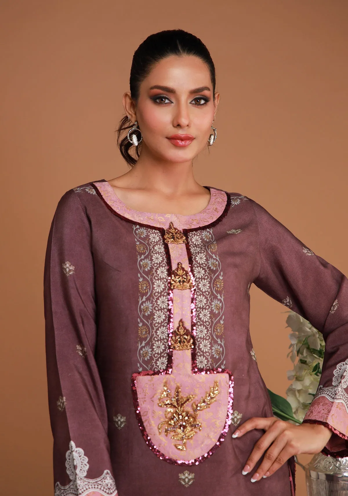Hand Embroidered Floral Shirt with Sequins Accent