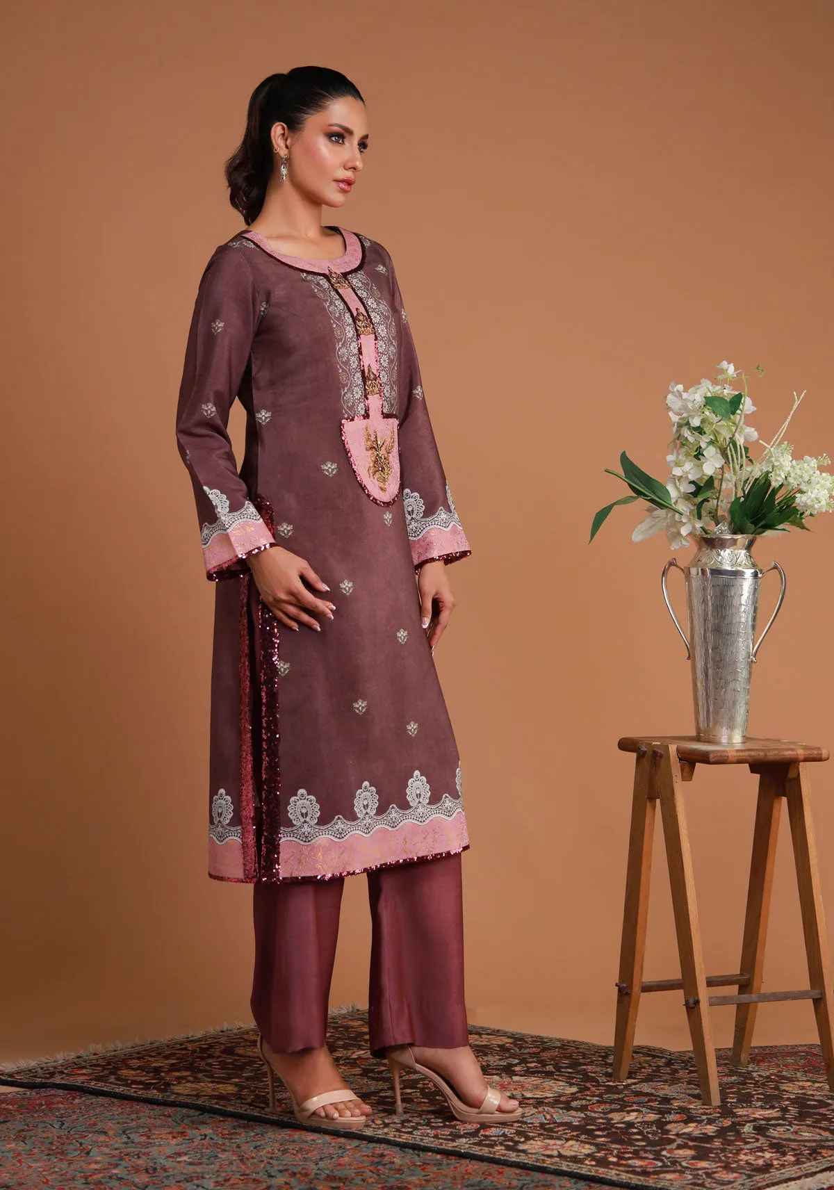 Hand Embroidered Floral Shirt with Sequins Accent