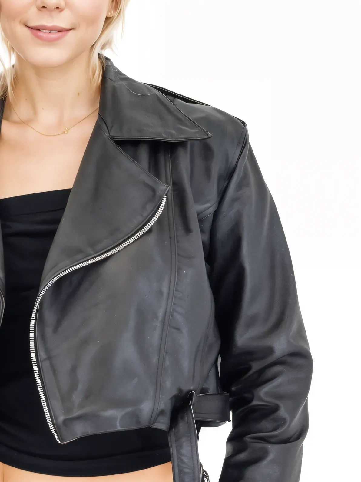 Handcrafted Women's Sheepskin Leather Biker Jacket – Cropped Black w/Belt