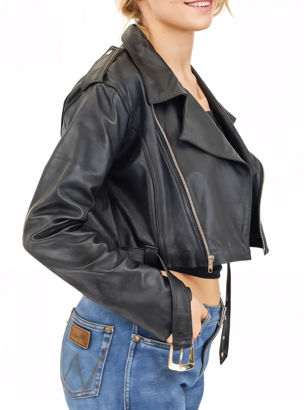 Handcrafted Women's Sheepskin Leather Biker Jacket – Cropped Black w/Belt