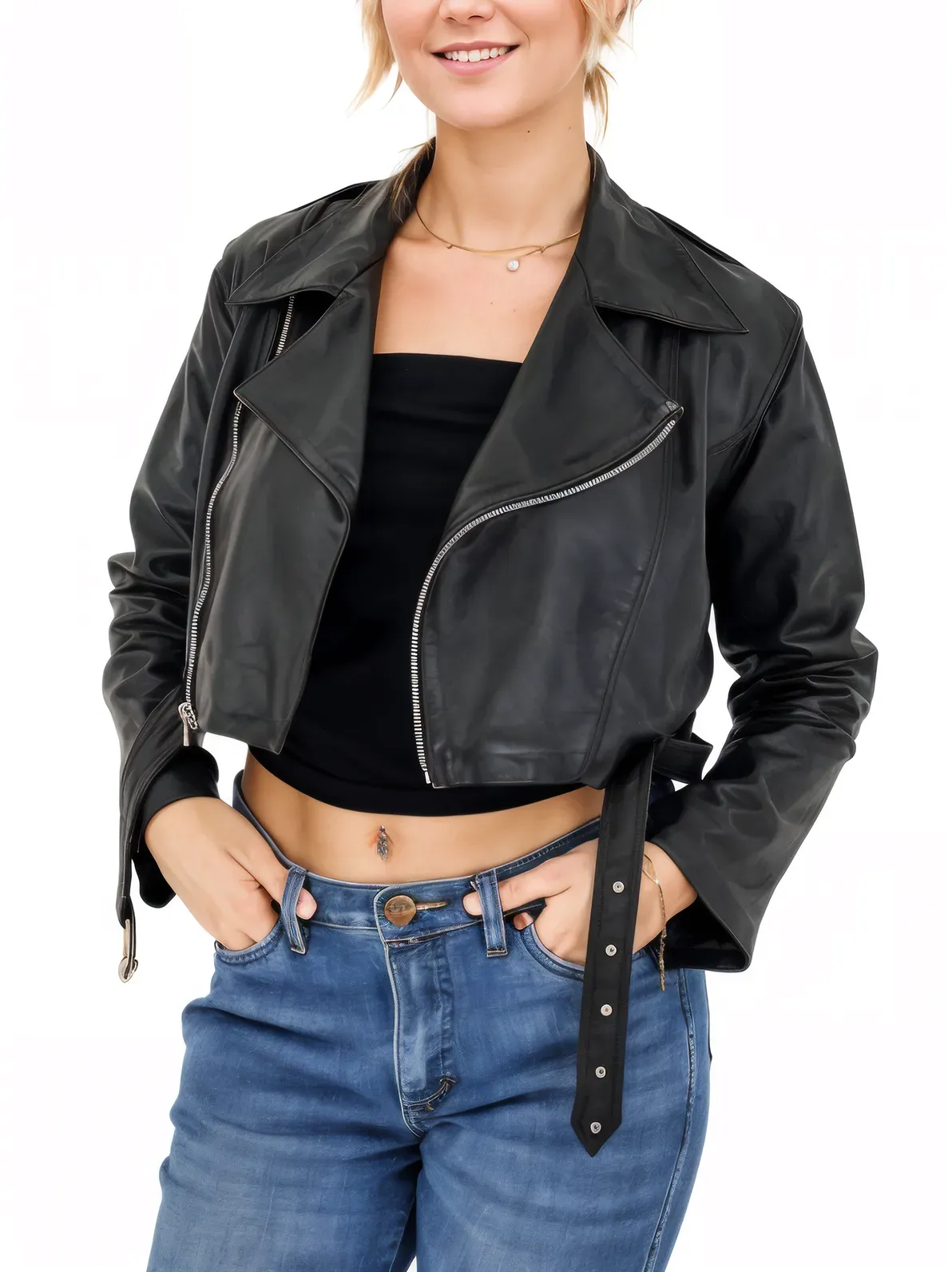 Handcrafted Women's Sheepskin Leather Biker Jacket – Cropped Black w/Belt