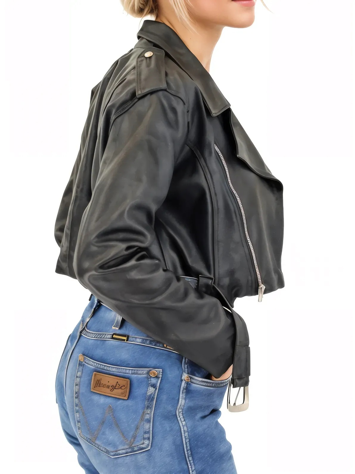 Handcrafted Women's Sheepskin Leather Biker Jacket – Cropped Black w/Belt