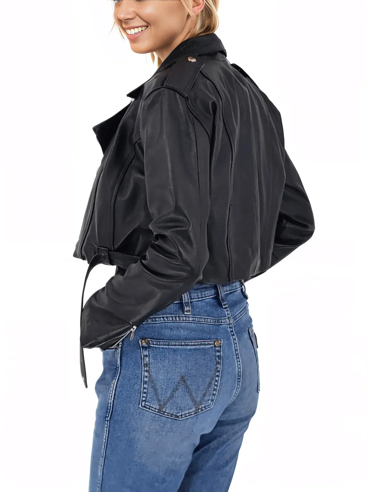 Handcrafted Women's Sheepskin Leather Biker Jacket – Cropped Black w/Belt