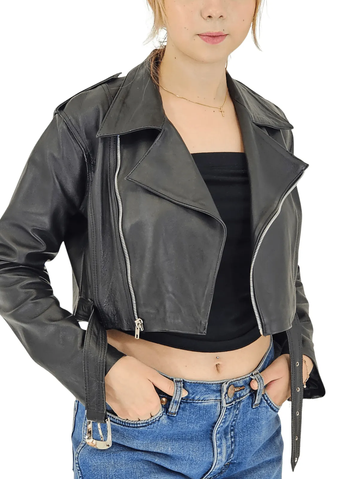 Handcrafted Women's Sheepskin Leather Biker Jacket – Cropped Black w/Belt
