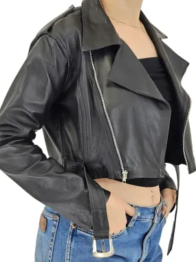 Handcrafted Women's Sheepskin Leather Biker Jacket – Cropped Black w/Belt