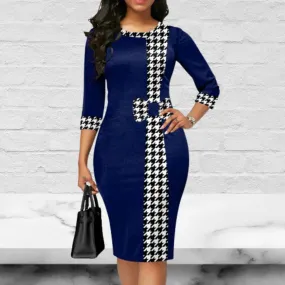 Houndstooth Print Bowknot Knee Length Bodycon Dress