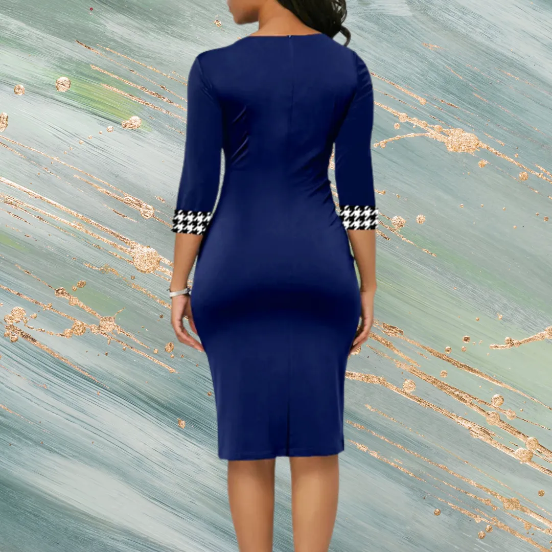 Houndstooth Print Bowknot Knee Length Bodycon Dress