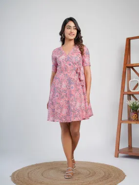Knee-Length Tie-ups Wrap Dress Pink