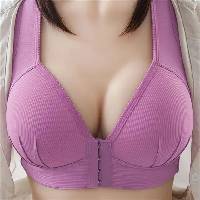 Ladies Front Buckle Underwear – Large Size Thin Wireless Bra, Breathable Gathered Brassiere for Women
