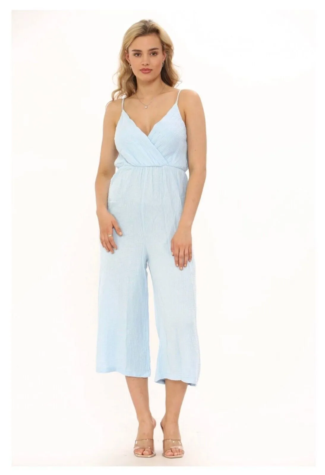 Ladies V Neck Wrap Over Playsuit Women's Wide Leg Summer Strappy Jumpsuit 8-14