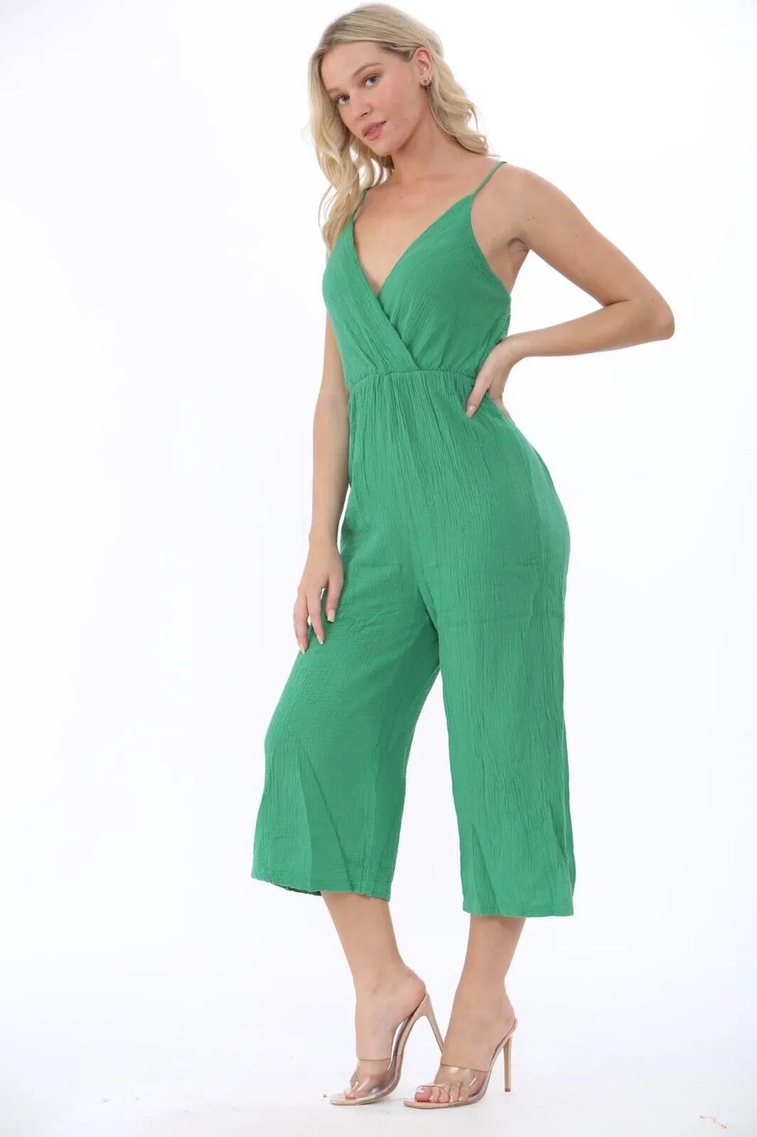Ladies V Neck Wrap Over Playsuit Women's Wide Leg Summer Strappy Jumpsuit 8-14