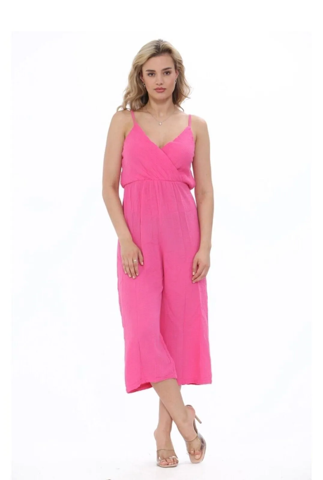Ladies V Neck Wrap Over Playsuit Women's Wide Leg Summer Strappy Jumpsuit 8-14