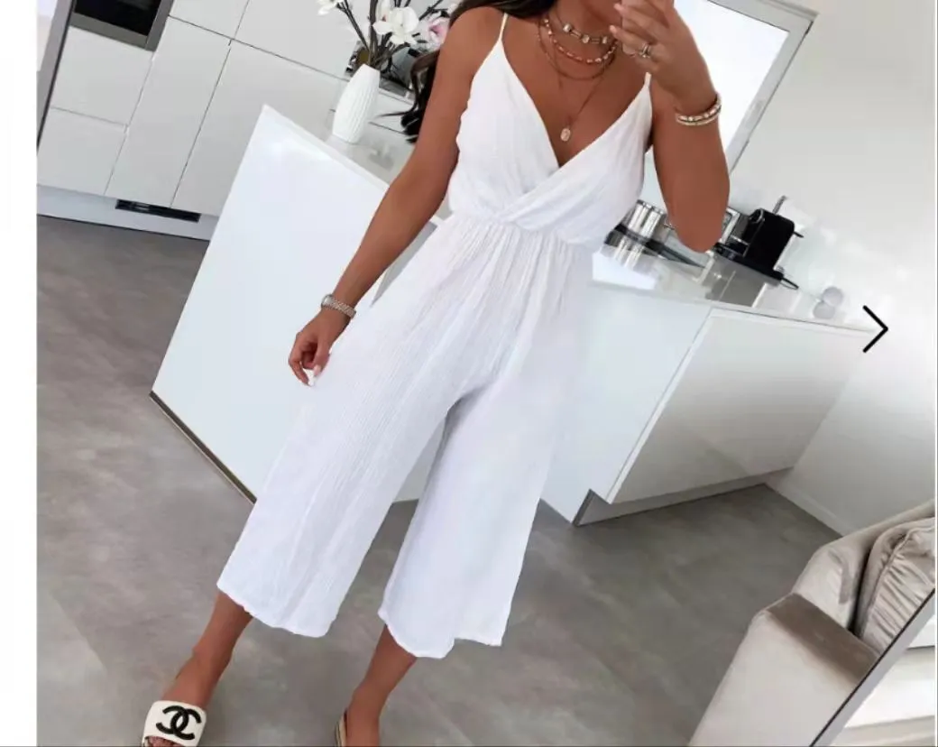 Ladies V Neck Wrap Over Playsuit Women's Wide Leg Summer Strappy Jumpsuit 8-14