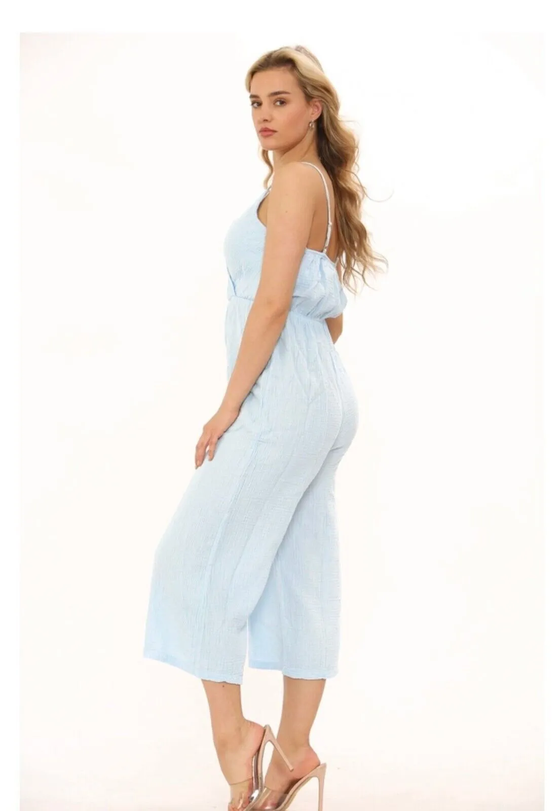 Ladies V Neck Wrap Over Playsuit Women's Wide Leg Summer Strappy Jumpsuit 8-14