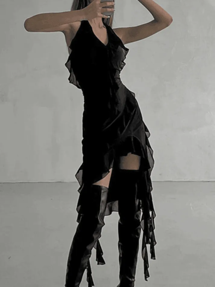 LANFUBEISI - Ruffle Trim Halter Mini Dress