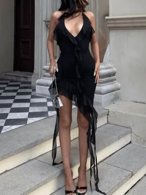 LANFUBEISI - Ruffle Trim Halter Mini Dress