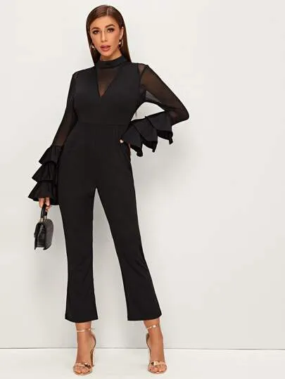 Layered Sleeve Black Jumpsuit