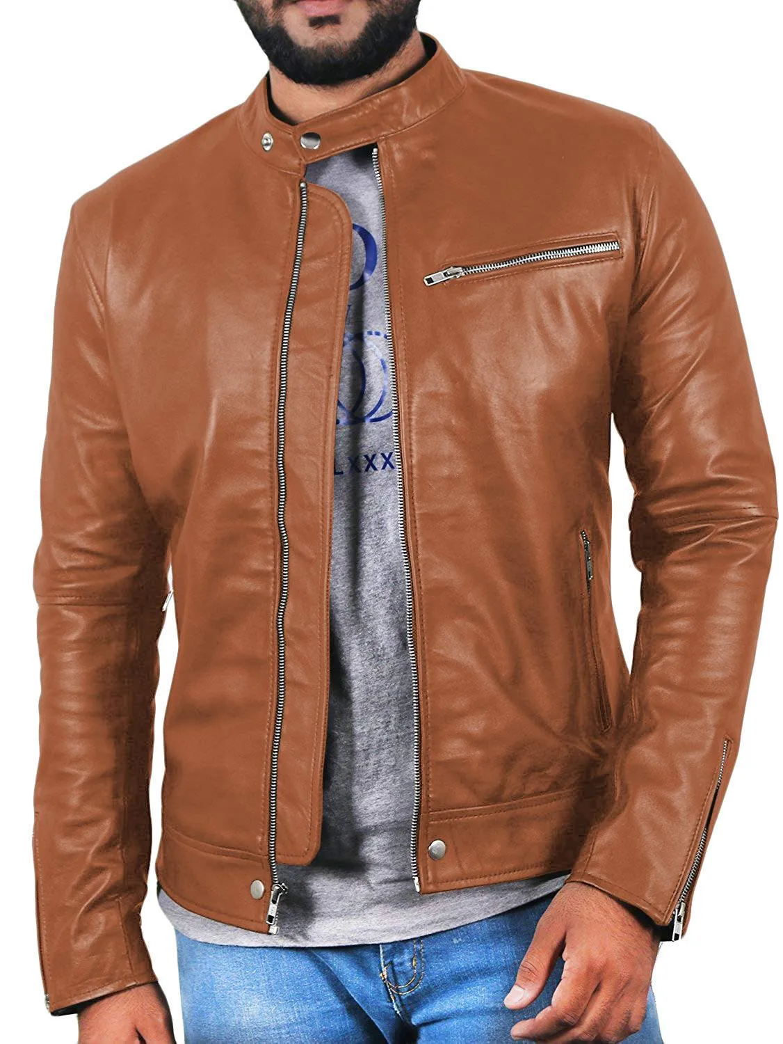 Leather Jackets Hub Mens Genuine Lambskin Leather Jacket (Black, Racer Jacket) - 1501007