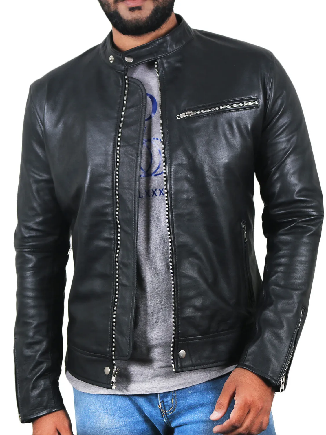 Leather Jackets Hub Mens Genuine Lambskin Leather Jacket (Black, Racer Jacket) - 1501007