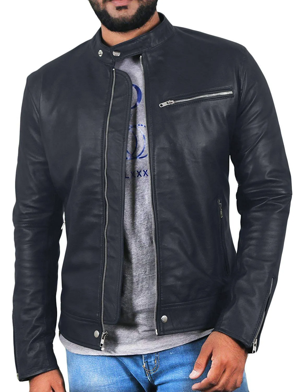 Leather Jackets Hub Mens Genuine Lambskin Leather Jacket (Black, Racer Jacket) - 1501007