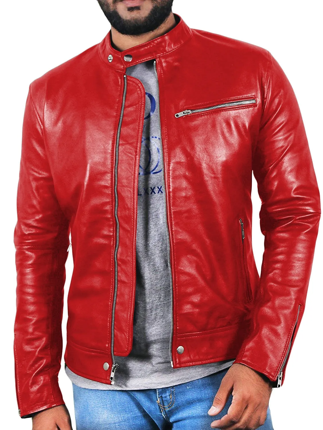 Leather Jackets Hub Mens Genuine Lambskin Leather Jacket (Black, Racer Jacket) - 1501007