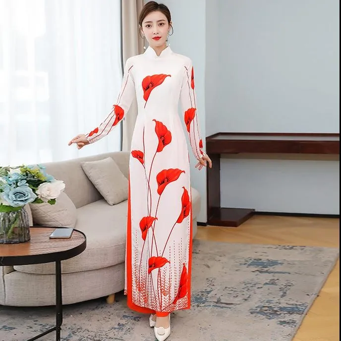 Lily Print Long Sleeve Full Length Chiffon Ao Dai Dress