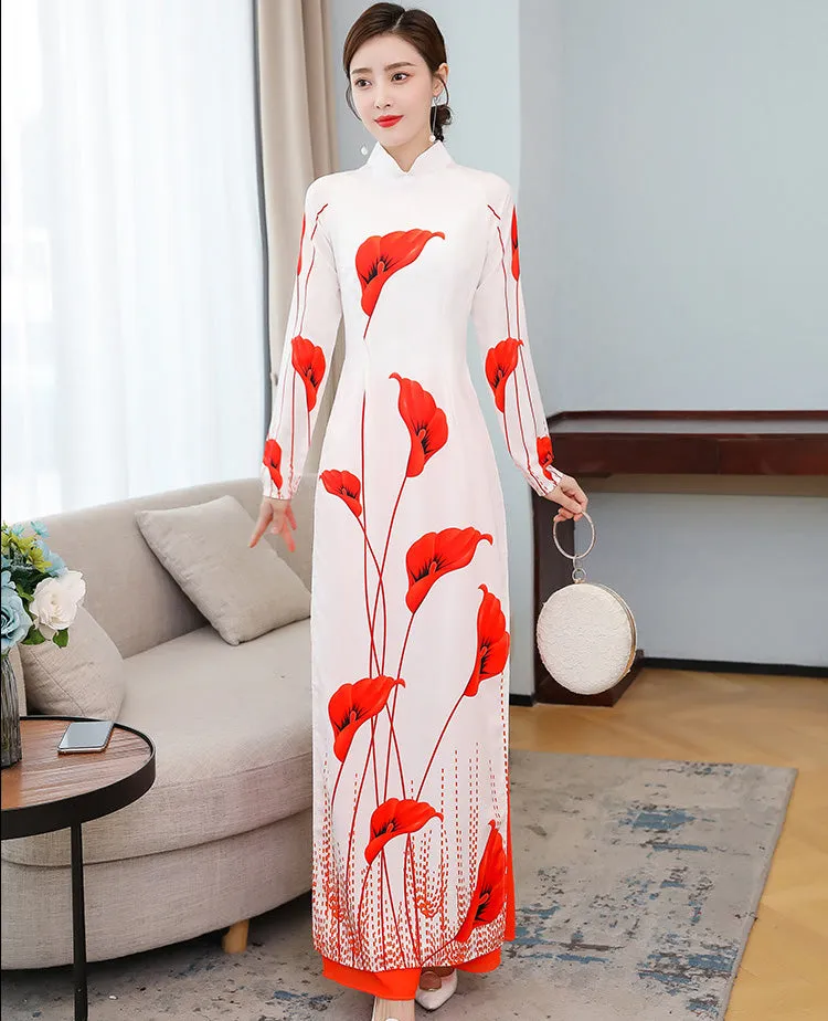 Lily Print Long Sleeve Full Length Chiffon Ao Dai Dress